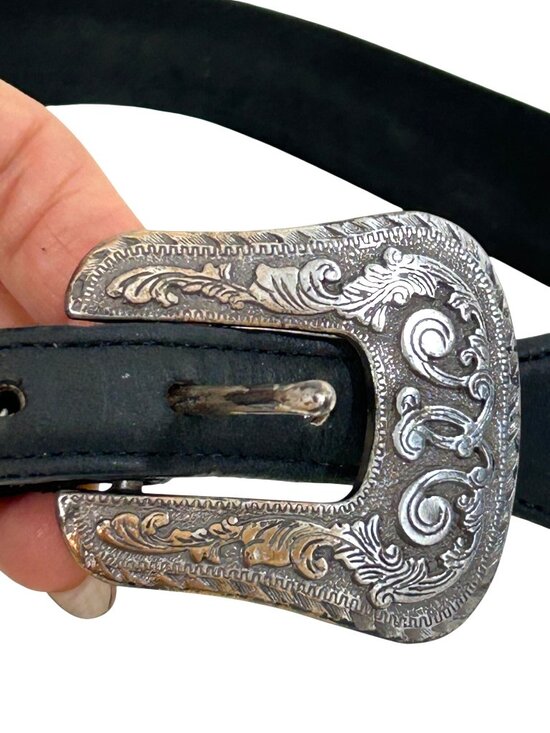 Justin Belt Black 30 Vtg Leather USA  Silver-plated 1993 Engraving Western 525BK main image 5